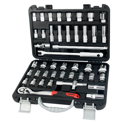 AmPro 1/2"Dr Std & Deep Socket Set 6pt 45pc 3/8-1" & 8-32mm-Sockets & Accessories-Tool Factory
