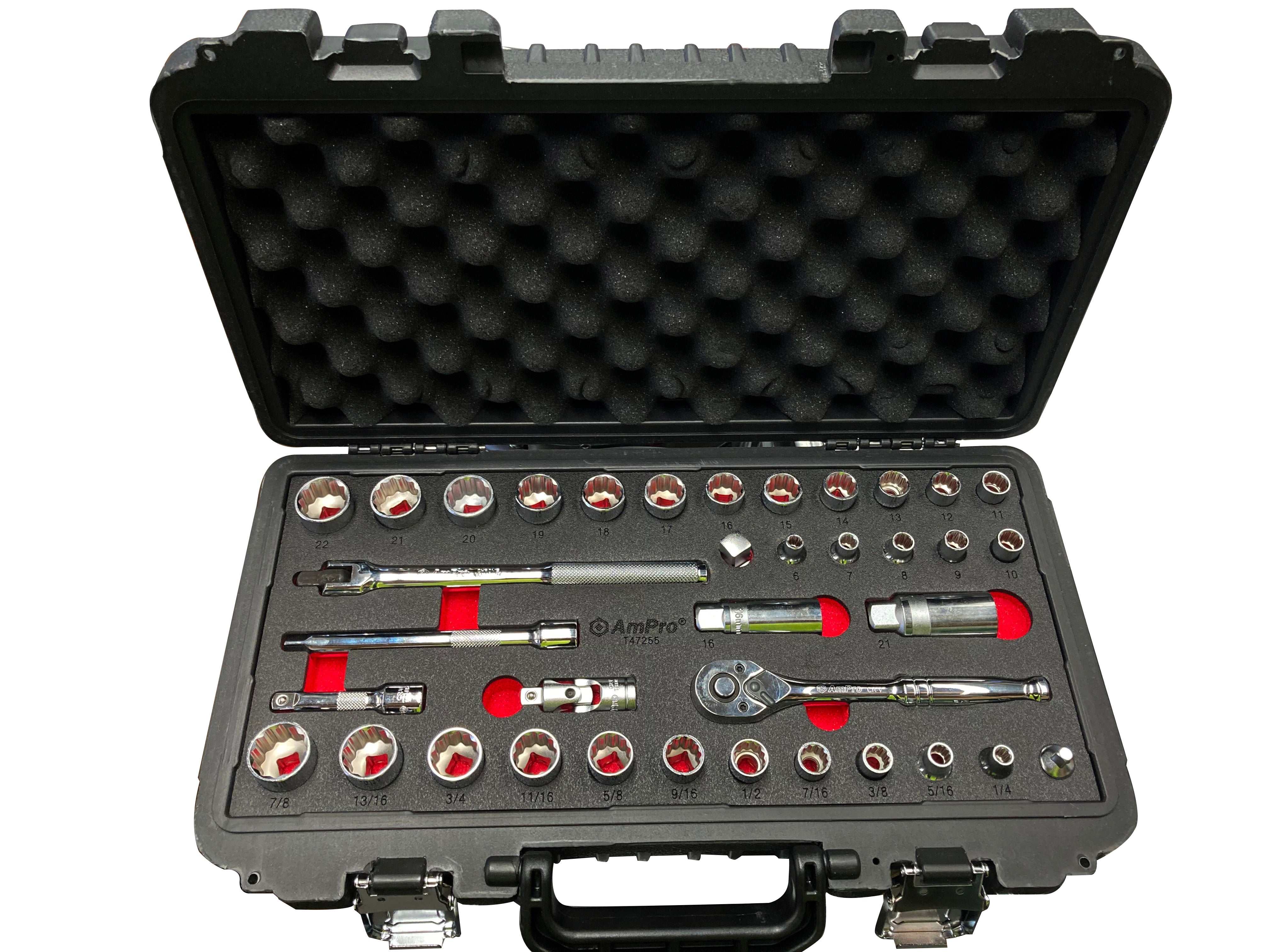 Ampro 37pc 3/8"Dr Metric/AF 6-22mm & 1/4"-7/8"Socket Set (12pt sockets)