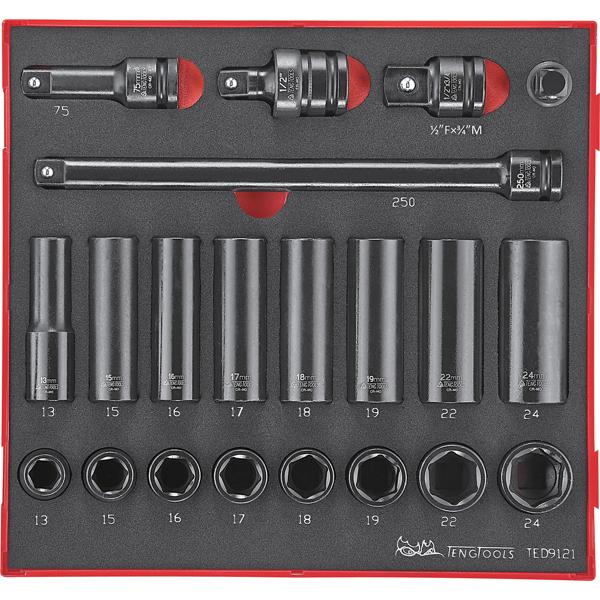 21Pc 1/2In Dr. Reg/Deep Imp. Skt&Acc. Set 13-24Mm | Tool Tray Sets - 1/2 Inch Drive-Hand Tools-Tool Factory