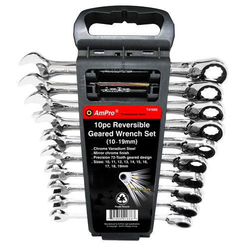 AmPro Reversible Geared Wrench Set 10pc 10-19mm-Hand Tools-Tool Factory