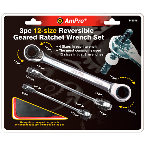 AmPro Double Geared Wrench Set 3pc 8 - 19mm-Hand Tools-Tool Factory